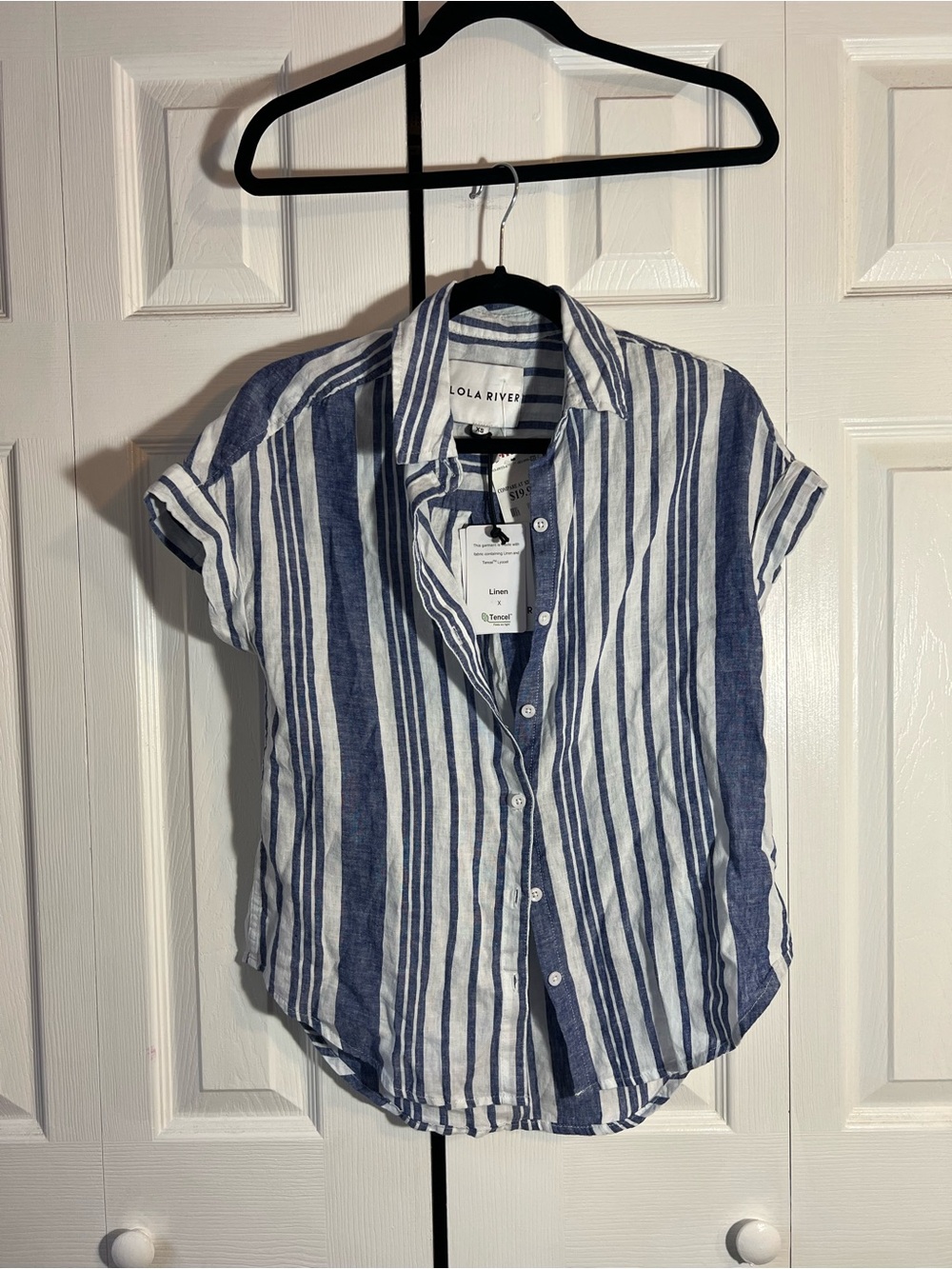 Lola Rivera Blue & White Striped Linen Button-Up Top